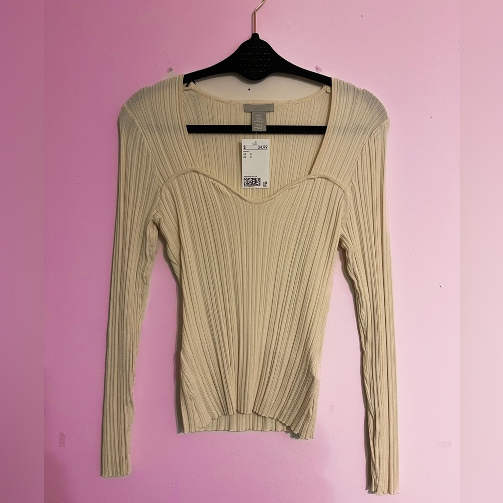 Cream H&M ribbed long sleeve blouse